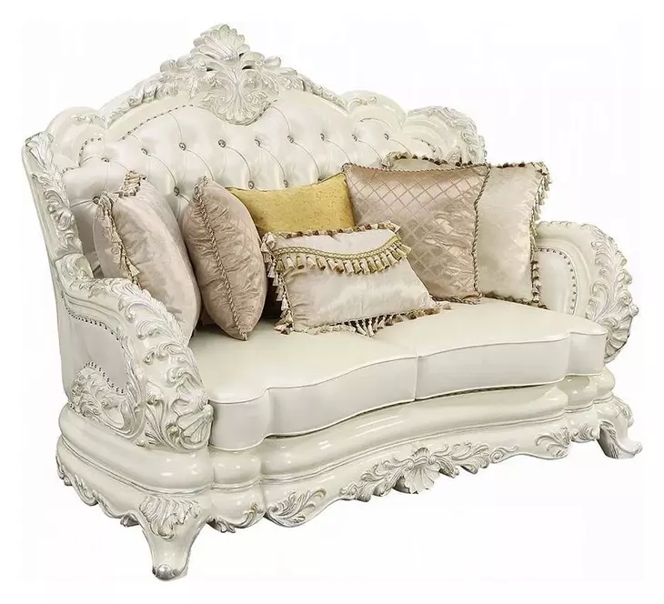 Adara Pearl White 70" Loveseat with Pillows and Nailhead Trim