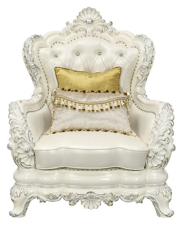 Adara Pearl White Upholstered Lounge Chair with Pillows and Nailhead Trim