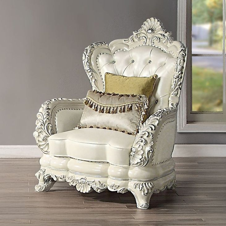 Adara Pearl White Upholstered Lounge Chair with Pillows and Nailhead Trim