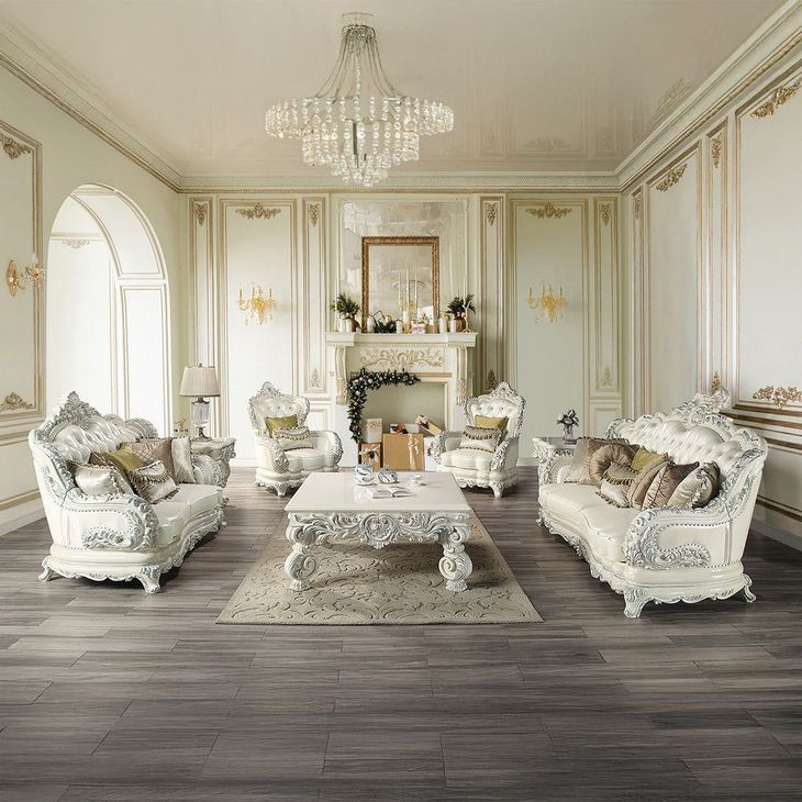 Adara Pearl White Upholstered Lounge Chair with Pillows and Nailhead Trim