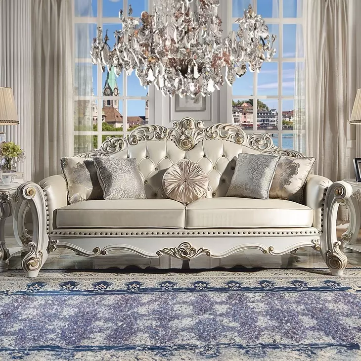 Vendome Champagne 96" Sofa with Pillows and Nailhead Trim
