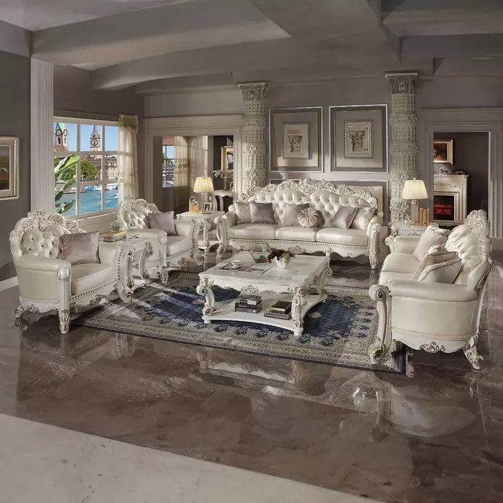 Vendome Champagne 96" Sofa with Pillows and Nailhead Trim
