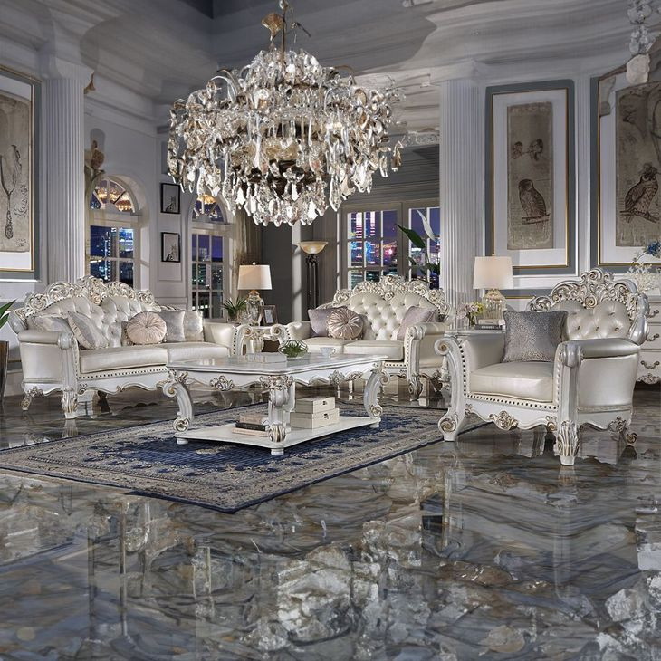 Vendome Champagne 70" Living Room Set with Pillows and Nailhead Trim