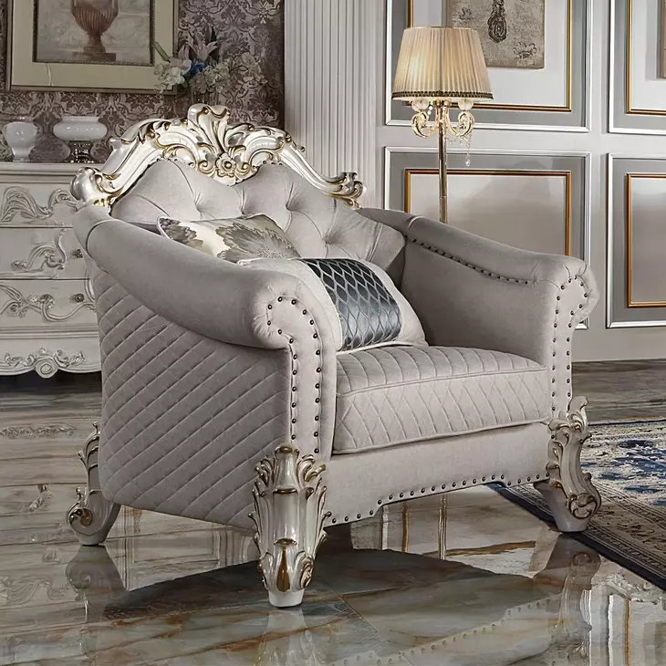 Vendome II Two Tone Ivory Upholstered Accent Chair with Pillows and Nailhead Trim