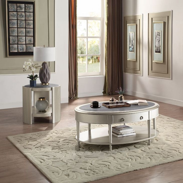 Kasa Gray and Champagne Oval Sintered Stone Top Cocktail Table