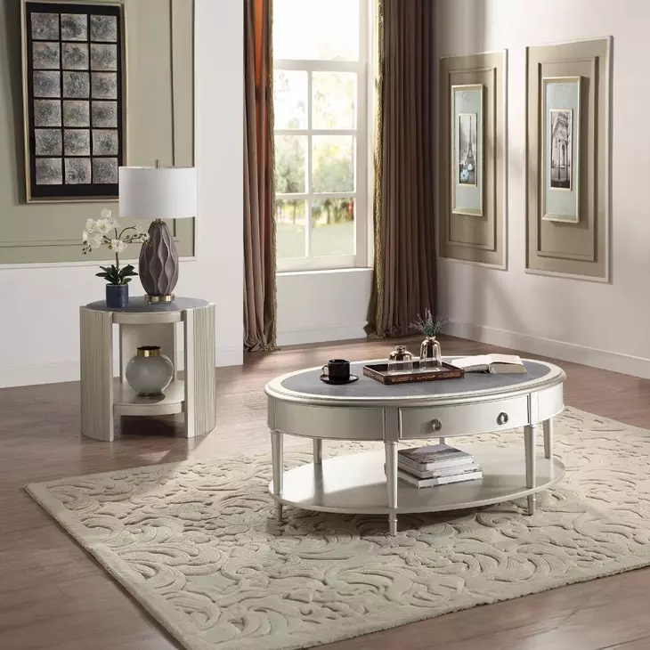 Kasa Gray and Champagne Oval Sintered Stone Top Cocktail Table