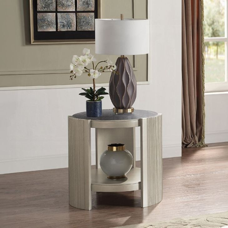 Kasa Gray and Champagne Round Sintered Stone Top End Table