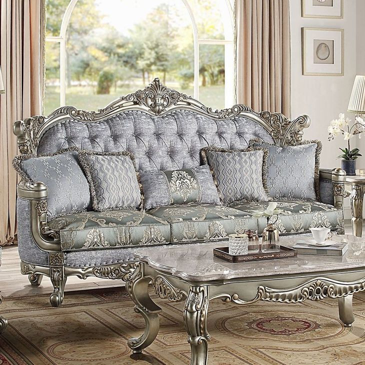 Miliani Gray Living Room Set with Pillows and Nailhead Trim