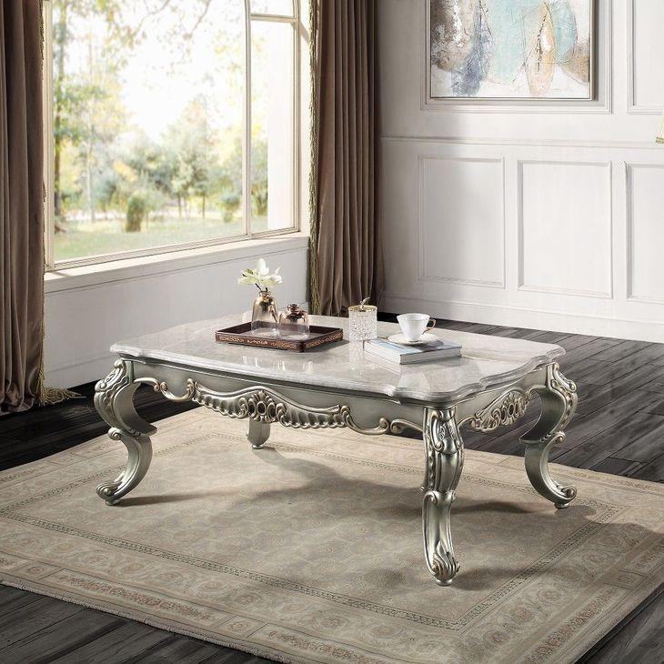 Miliani White and Antique Bronze Rectangular Marble Top Cocktail Table