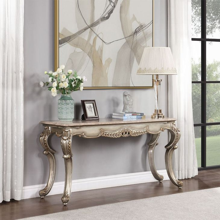 Miliani Beige and Antique Bronze Rectangular Marble Top Sofa Table