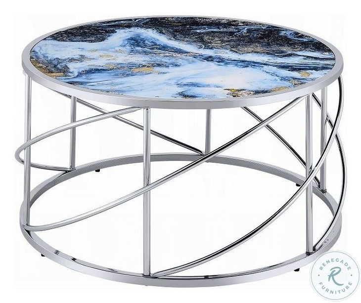 Lyda Blue Marble Print and Chrome Round Coffee Table