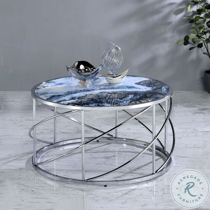 Lyda Blue Marble Print and Chrome Round Occassional Table Set