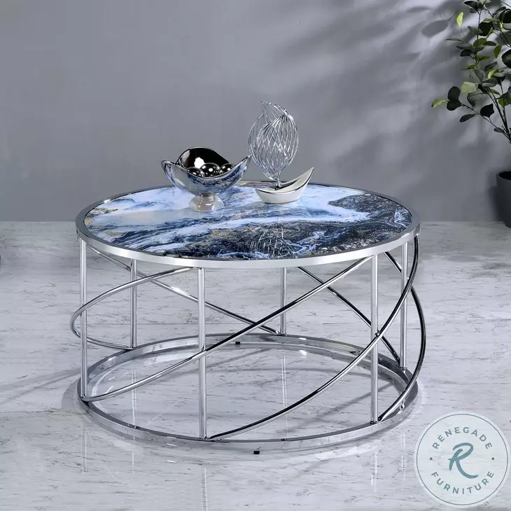 Lyda Blue Marble Print and Chrome Round Occassional Table Set
