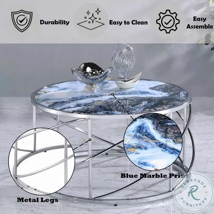 Lyda Blue Marble Print and Chrome Round Coffee Table