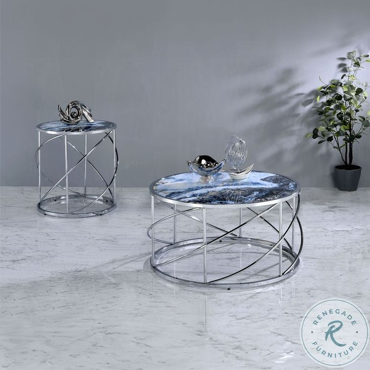 Lyda Blue Marble Print and Chrome Round Occassional Table Set