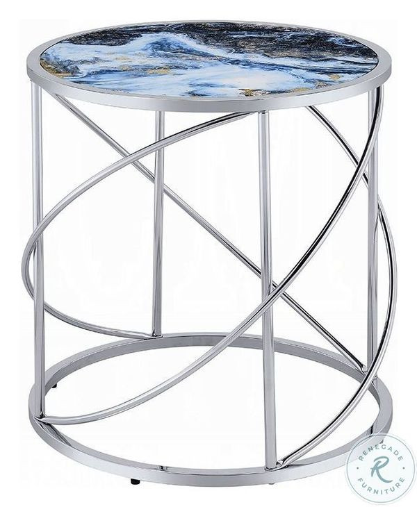 Lyda Blue Marble Print and Chrome Round End Table