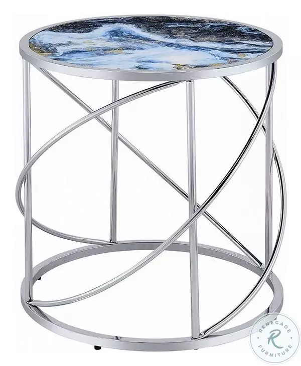 Lyda Blue Marble Print and Chrome Round End Table