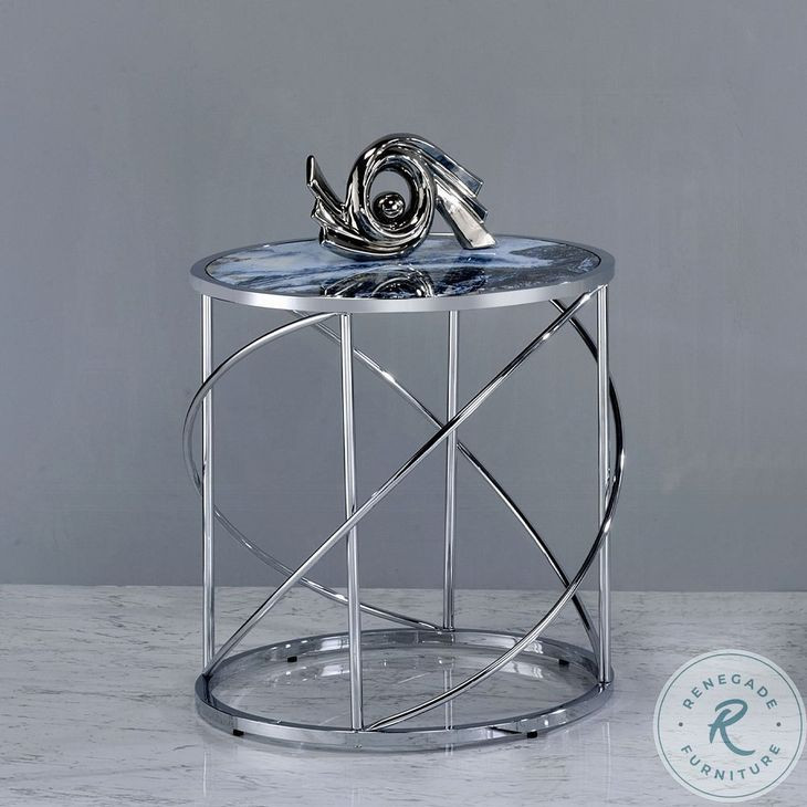 Lyda Blue Marble Print and Chrome Round End Table