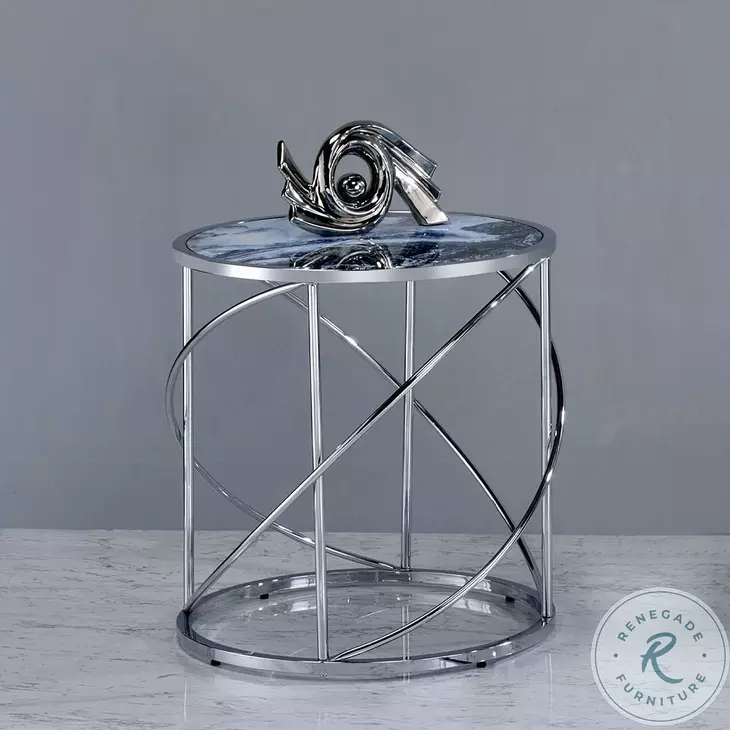 Lyda Blue Marble Print and Chrome Round End Table