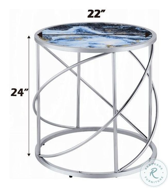 Lyda Blue Marble Print and Chrome Round Occassional Table Set