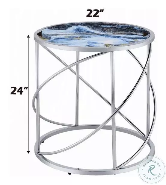 Lyda Blue Marble Print and Chrome Round Occassional Table Set