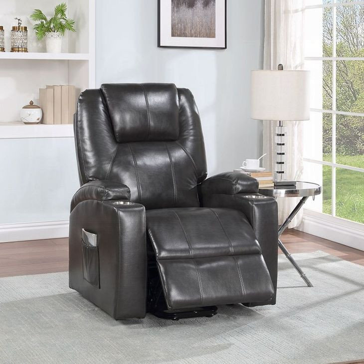 Evander Gunmetal Leather Recliner with Power Lift and Massage