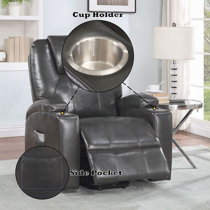 Evander Gunmetal Leather Recliner with Power Lift and Massage
