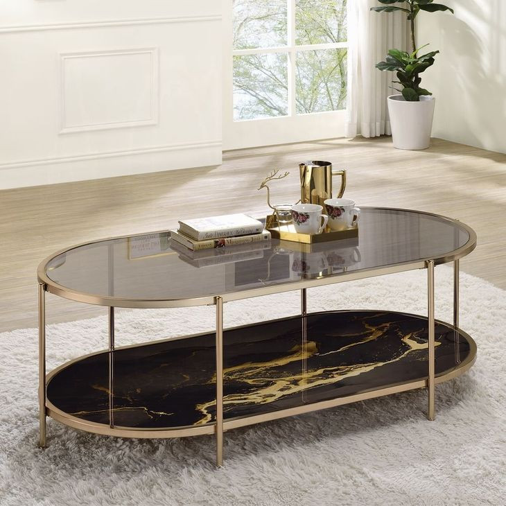 Fiorella Black and Gold Oval Glass Top Cocktail Table