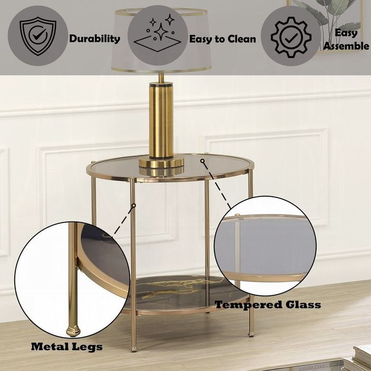 Fiorella Black and Gold Round Glass Top End Table