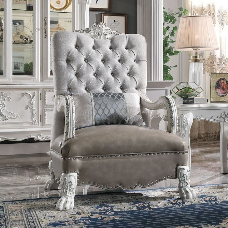 Dresden Gray Upholstered Tufted Back Accent Chair with Pillow and Nailhead Trim