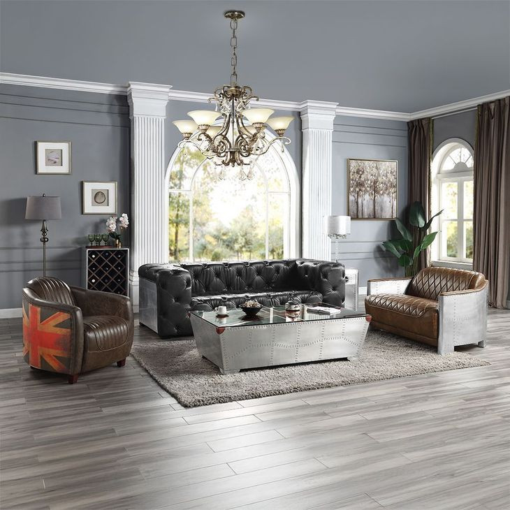 Brancaster Black Leather Living Room Set with Nailhead Trim