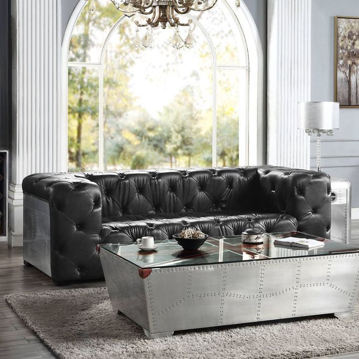 Brancaster Black Leather 95" Sofa with Nailhead Trim