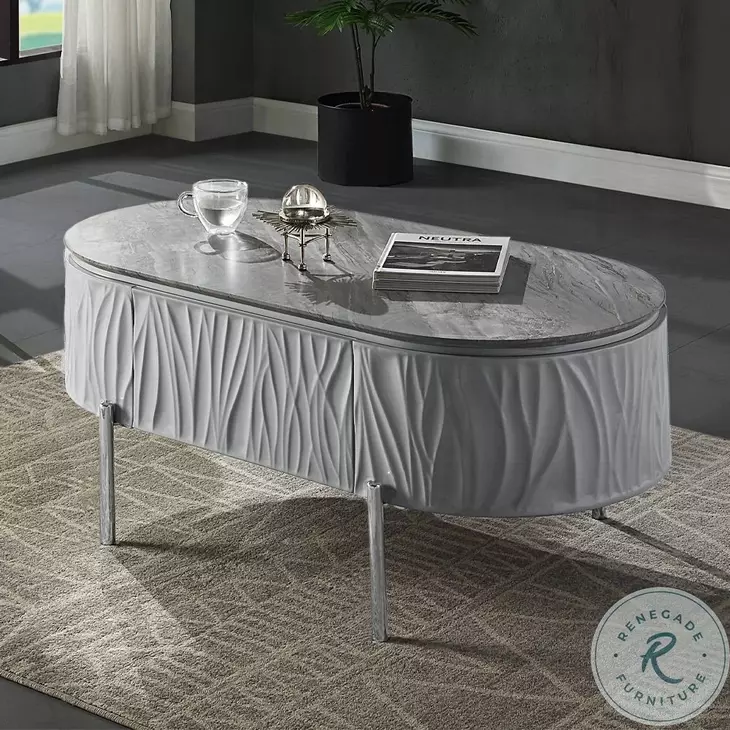 Yukino Gray High Gloss and Chrome Oval Occassional Table Set