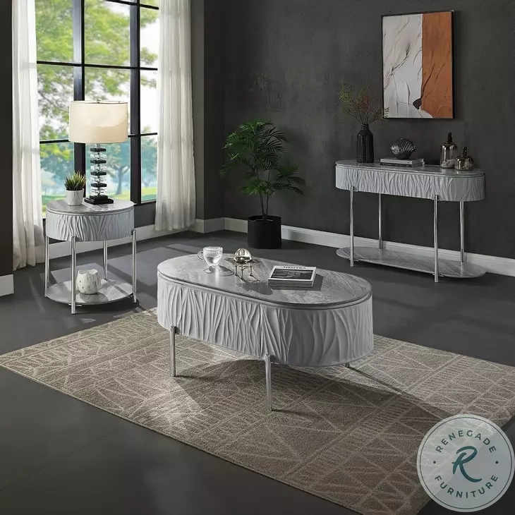 Yukino Gray High Gloss and Chrome Oval Occassional Table Set