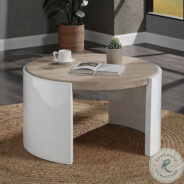 Zoma White High Gloss and Oak Round Occassional Table Set