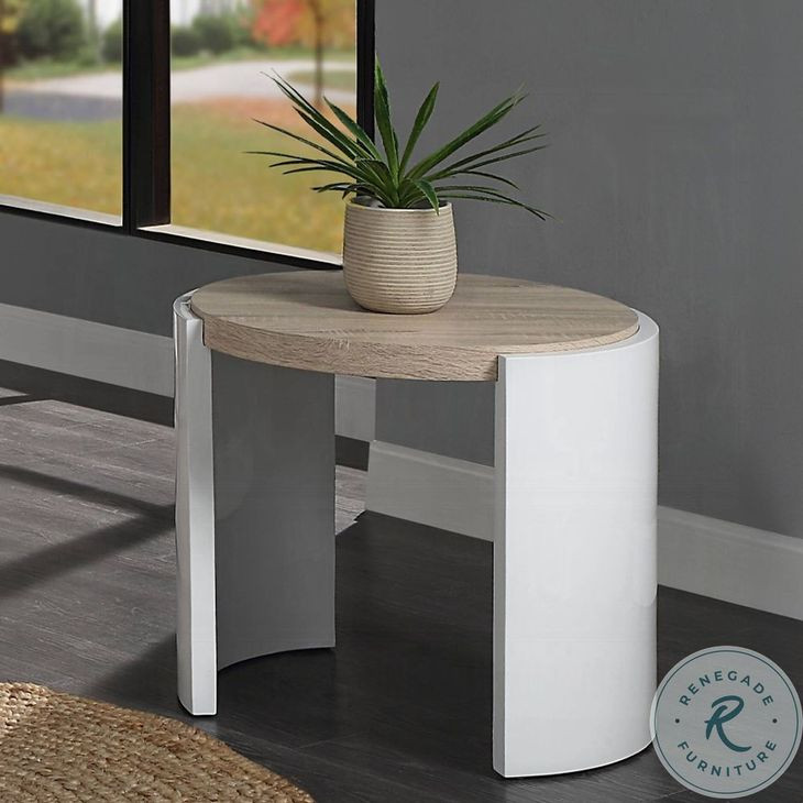 Zoma White High Gloss and Oak Round End Table