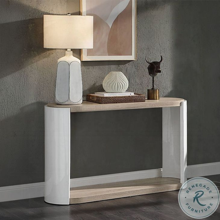 Zoma White High Gloss and Oak Oval Sofa Table