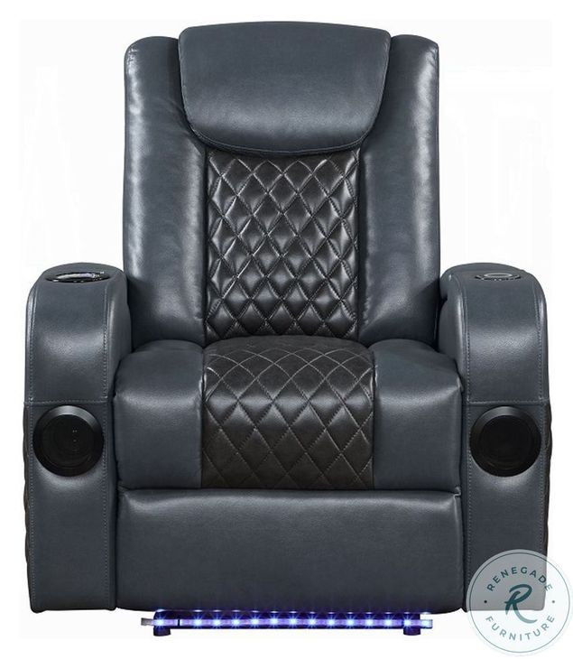 Alair Blue and Black Leather Aire Power Recliner with Bluetooth Speaker and Cooling Cup Holder