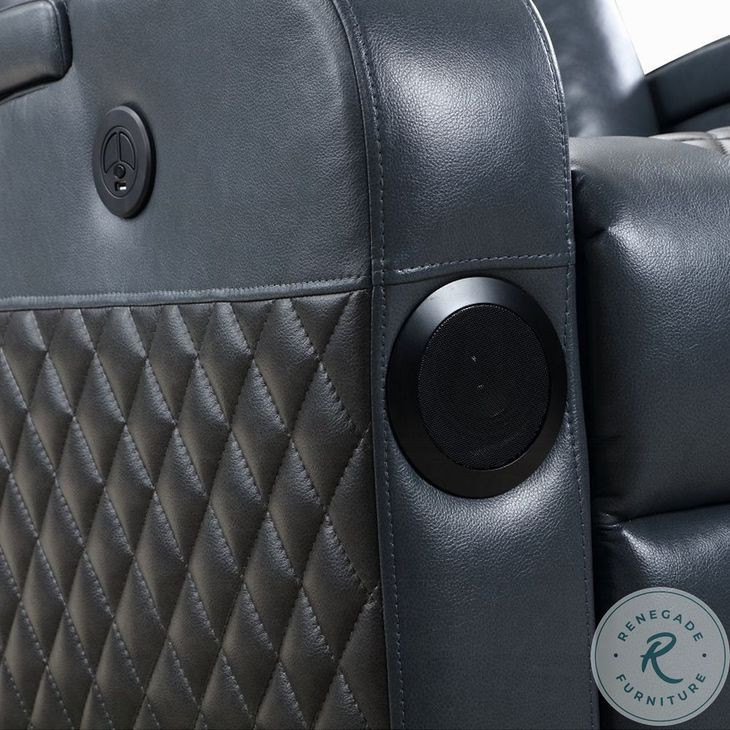 Alair Blue and Black Leather Aire Power Recliner with Bluetooth Speaker and Cooling Cup Holder