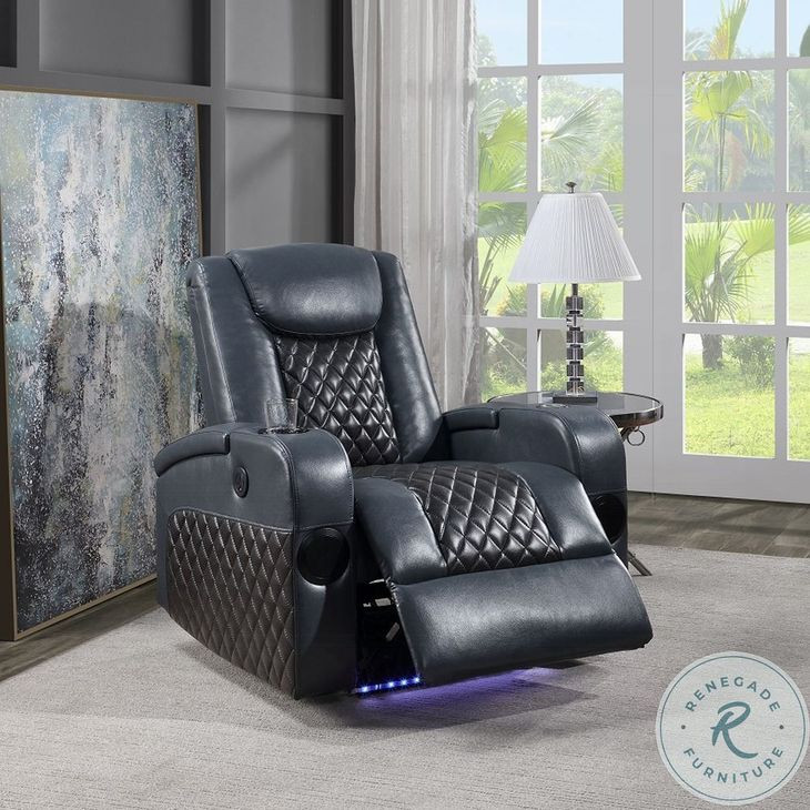Alair Blue and Black Leather Aire Power Recliner with Bluetooth Speaker and Cooling Cup Holder
