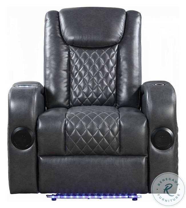 Alair Dark Gray Leather Aire Power Recliner with Bluetooth Speaker and Cooling Cup Holder