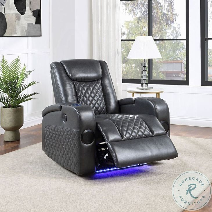 Alair Dark Gray Leather Aire Power Recliner with Bluetooth Speaker and Cooling Cup Holder