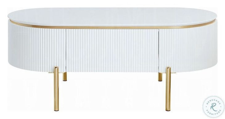 Daveigh White High Gloss and Gold Oval Coffee Table