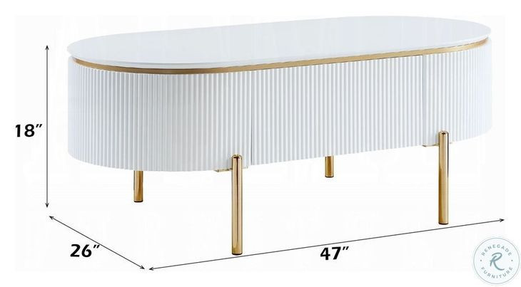 Daveigh White High Gloss and Gold Oval Coffee Table