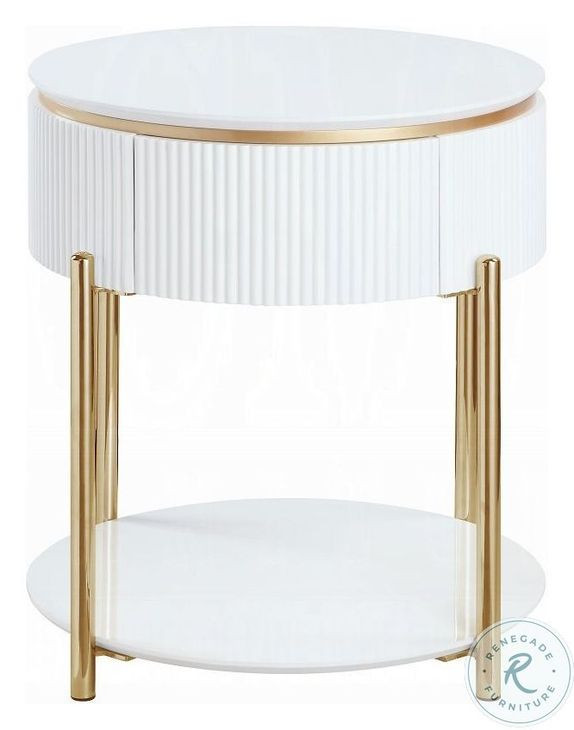Daveigh White High Gloss and Gold Round End Table