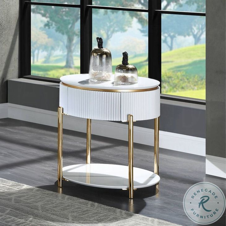 Daveigh White High Gloss and Gold Round End Table