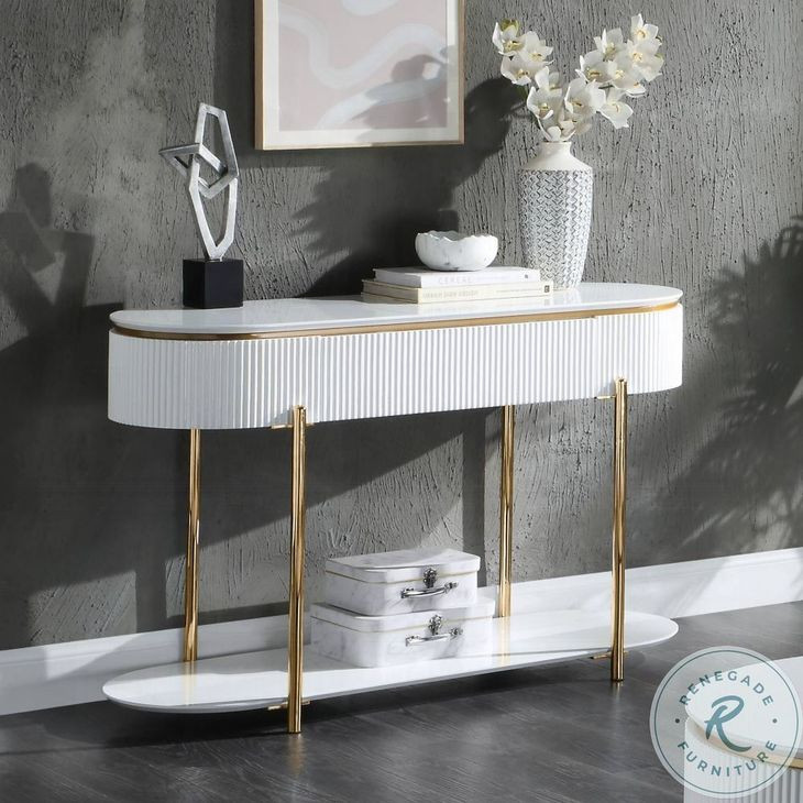 Daveigh White High Gloss and Gold Oval Sofa Table