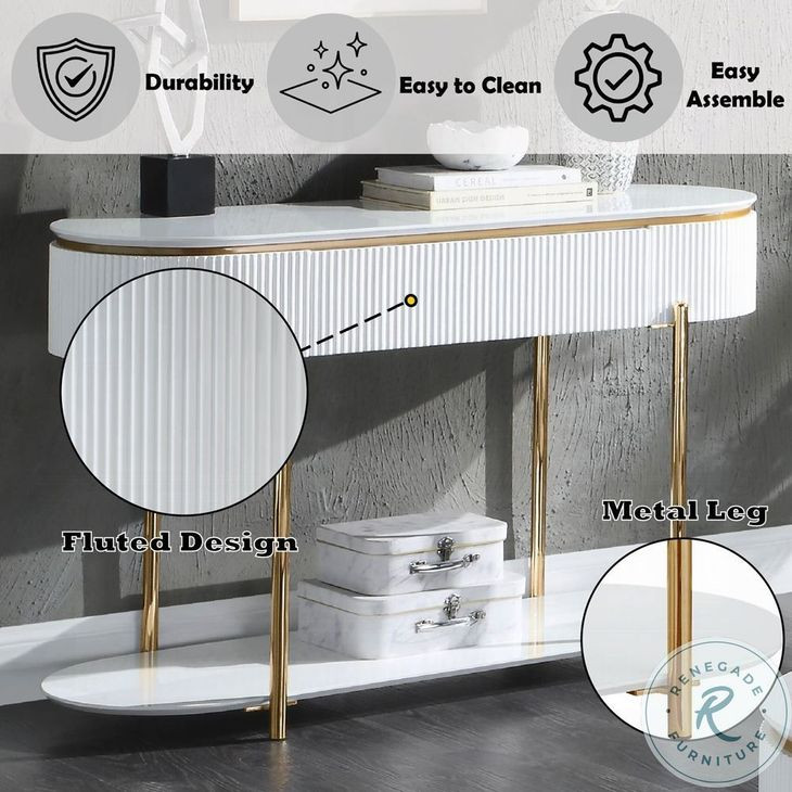 Daveigh White High Gloss and Gold Oval Sofa Table