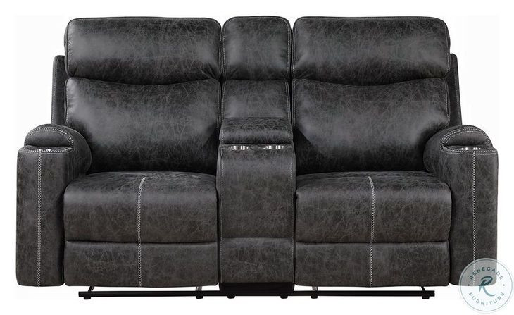 Hirah Dark Gray Polish Microfiber 75" Reclining Loveseat with Console and USB Charging