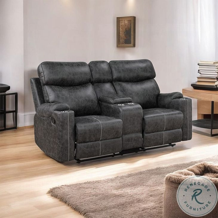 Hirah Dark Gray Polish Microfiber 75" Reclining Loveseat with Console and USB Charging